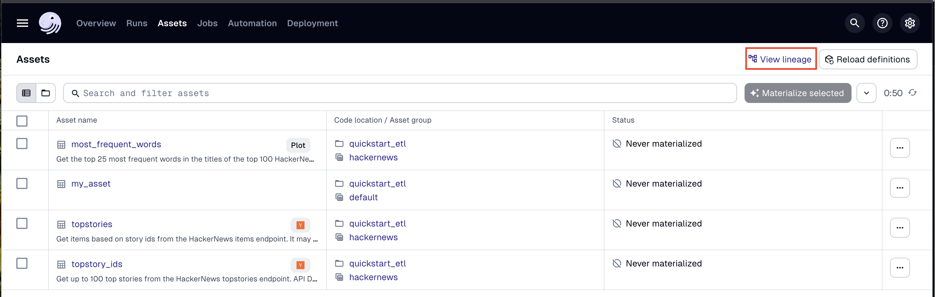 Dagster UI asset lineage page