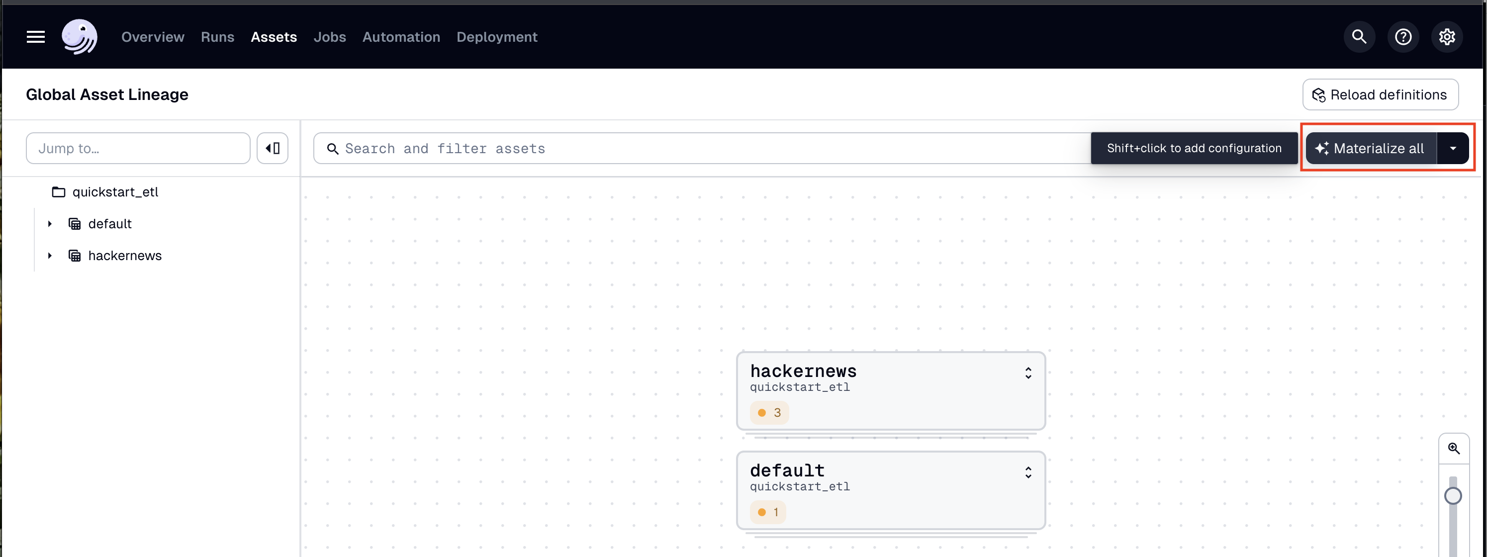 Dagster asset lineage page with materialize all button